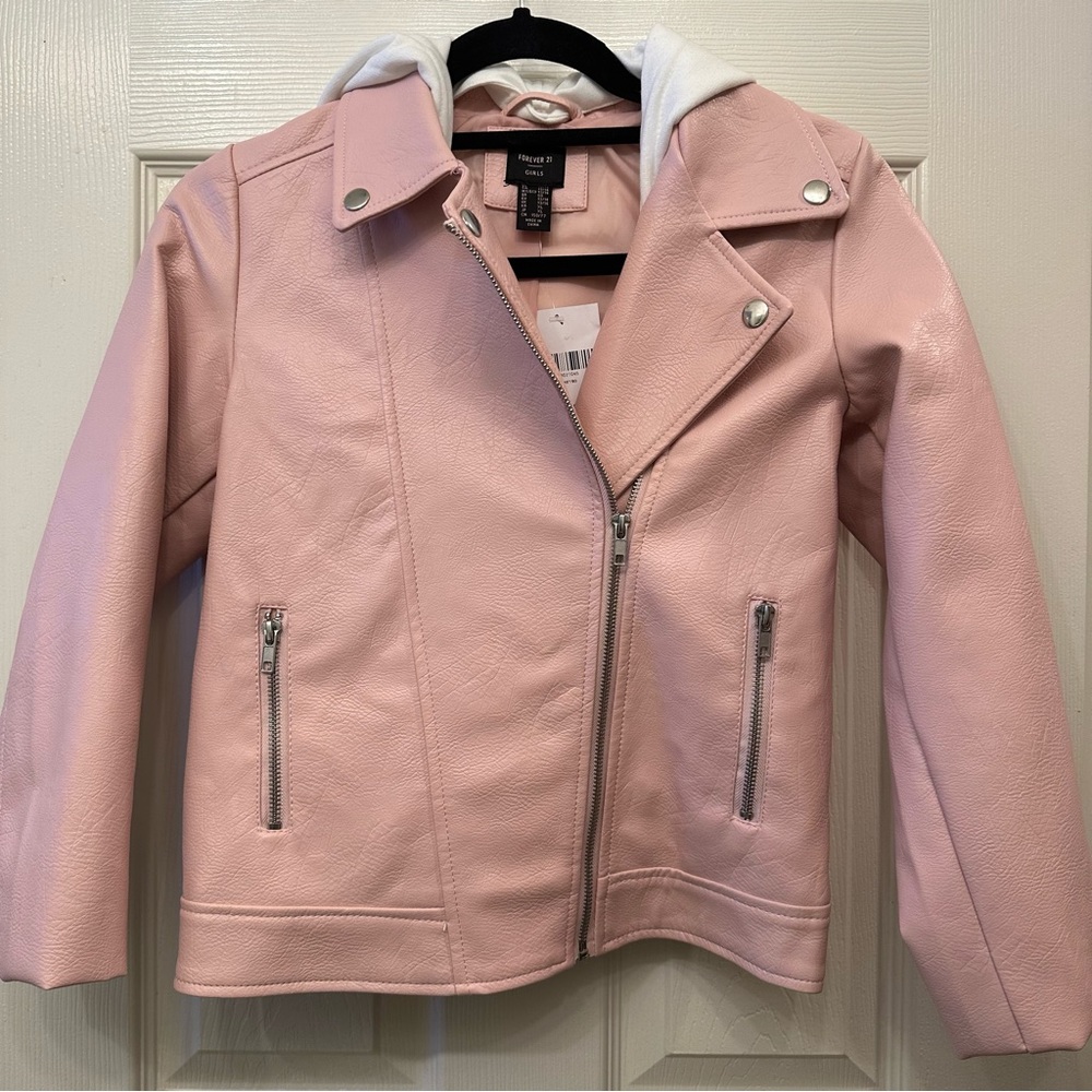 Forever 21 Girls Pink Faux Leather Hooded Moto Jacket Size 13/14